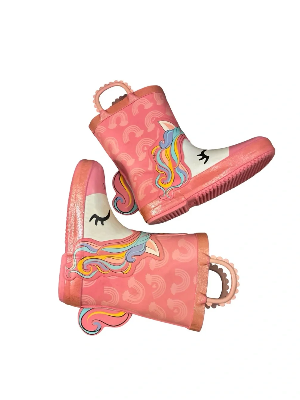 Kids Pink Sherpa Lined Unicorn Rain Boots with Rainbow Details Size 9-10